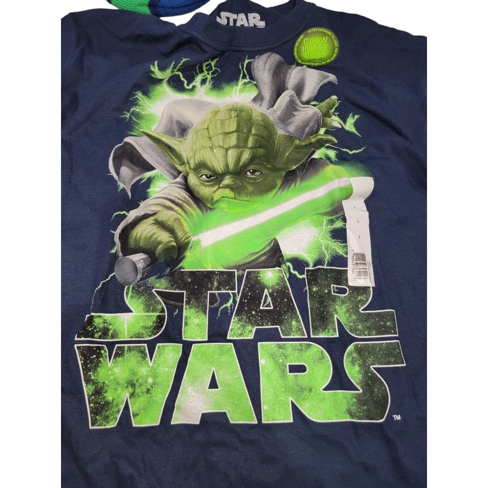 Star Wars Yoda Youth Navy Blue Long Sleeve Glows‎ W/Beanie T-Shirt Large NWT